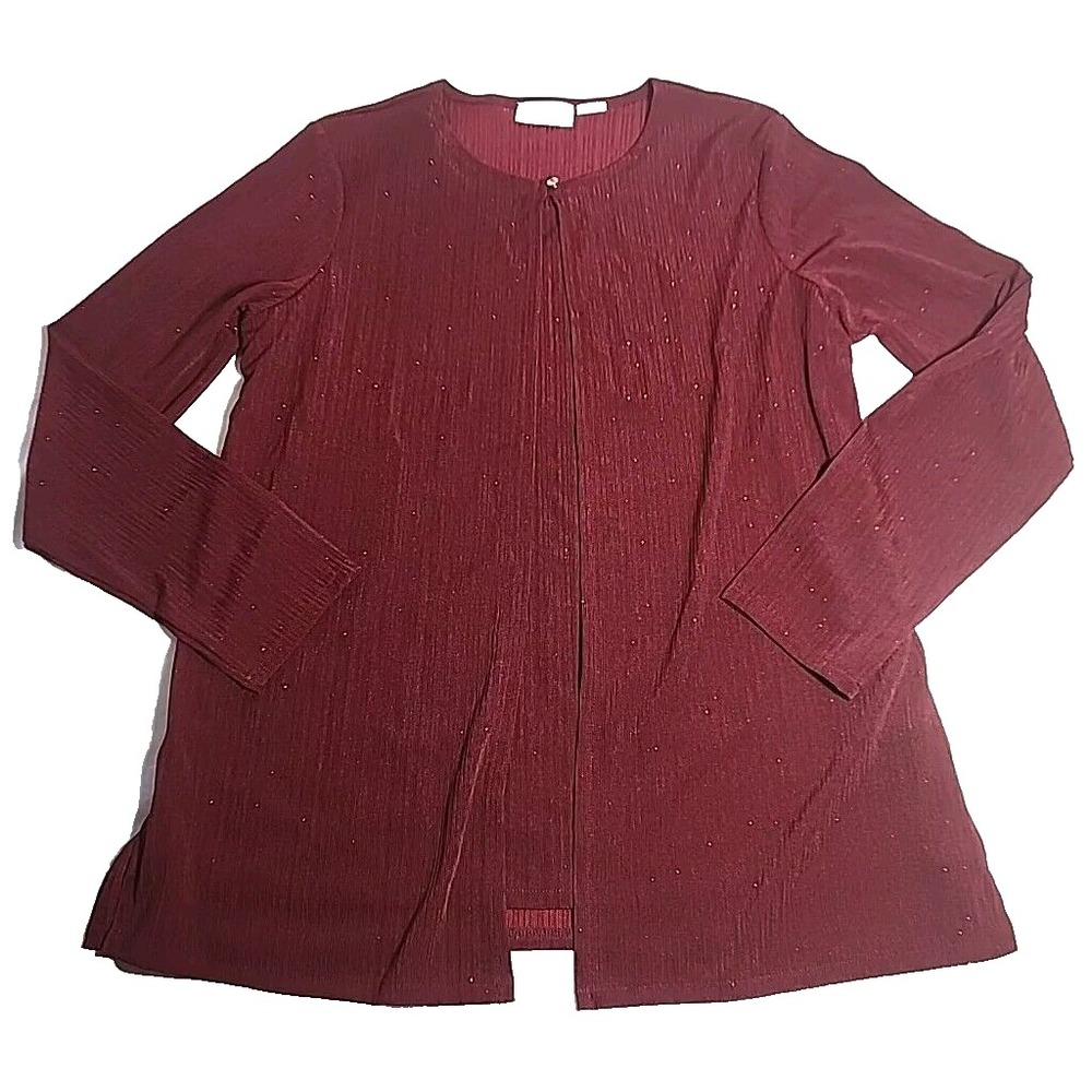 Jaclyn Smith Red Shimery Long Sleeve Top Faux Cardigan Size XL
